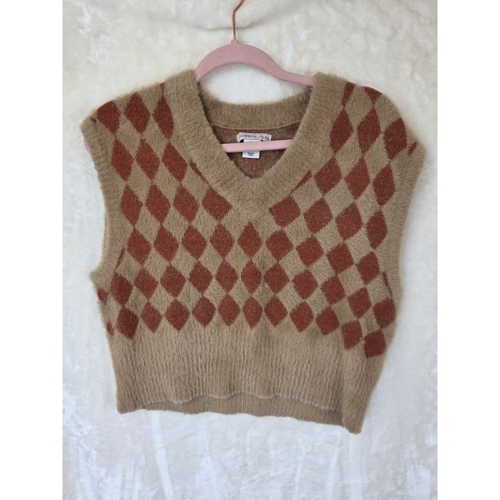 Sincerely Jules Women Tan Rust Argyle Fuzzy Eyelash Knit Sweater Vest Small